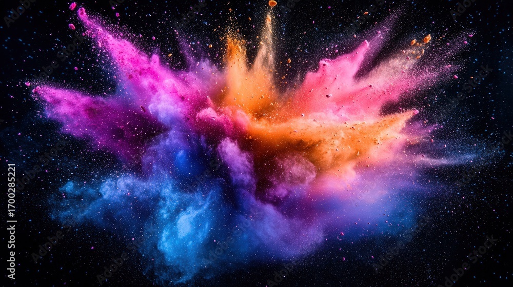 Poster A vibrant explosion of colored powder forms a stunning visual display against a dark background, creating a dynamic and energetic scene.