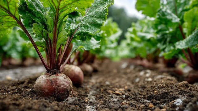 Close-up, low-angle view of beetroot plants growing in neat rows with roots showing above the dark soil in a field.