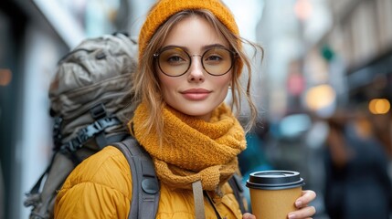 Urban explorer woman with backpack, coffee, autumn fashion