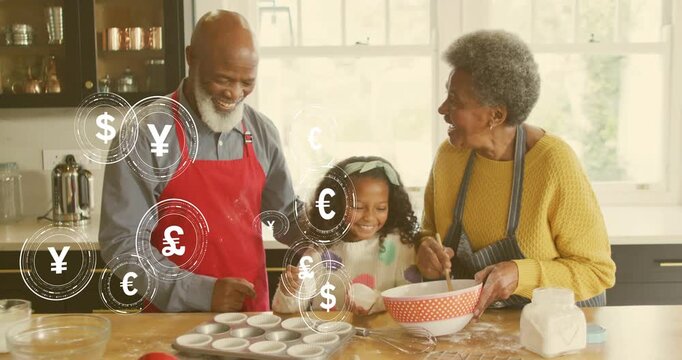 Grandpa receiving shells from child starting currency icons swirling around family showing savings