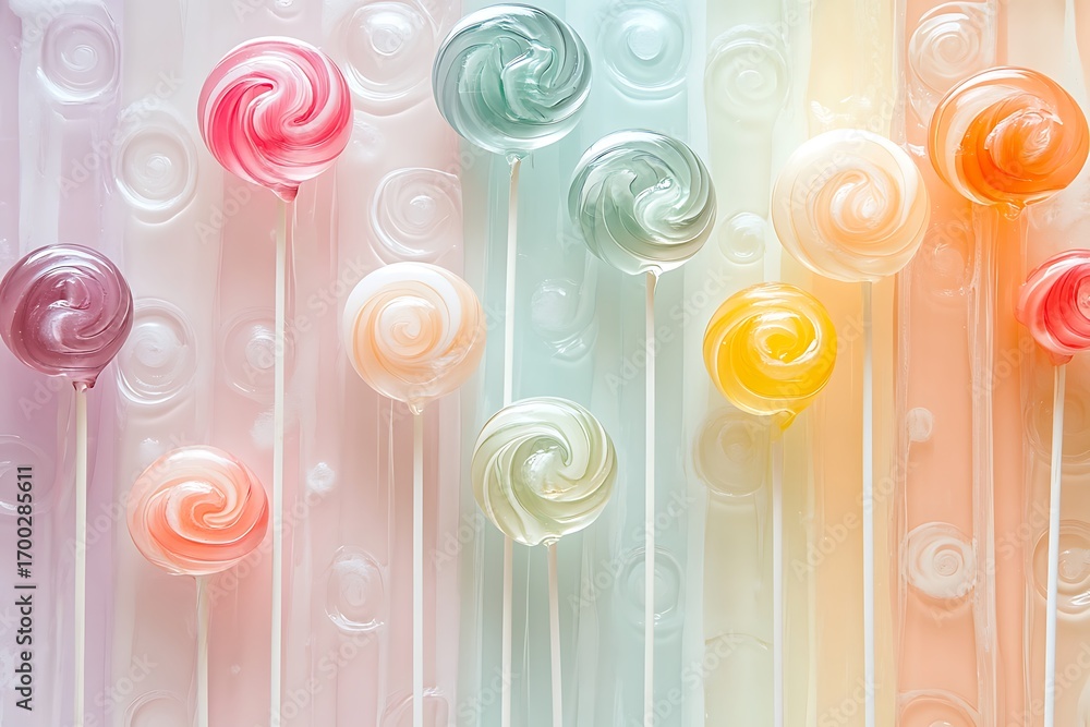 Poster a minimalist scene featuring various pastel-colored lollipops arranged neatly, each with a shiny swi