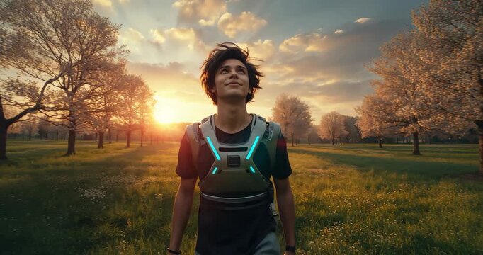 Entering teen male walking through meadow at dusk, tracking flock crossing sky with glowing harness