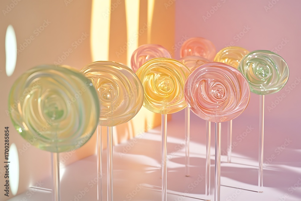 Poster a minimalist scene featuring various pastel-colored lollipops arranged neatly, each with a shiny swi