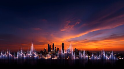 Fototapeta premium Breathtaking urban landscape with towering skyscrapers reflected in the waters below, framed by a vibrant, fiery sunset sky.