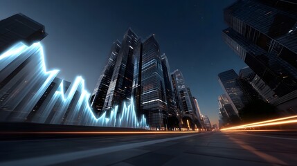 Vibrant cityscape featuring towering skyscrapers and blurred movement of vehicles on the road, creating a dynamic and futuristic night scene in the urban landscape.