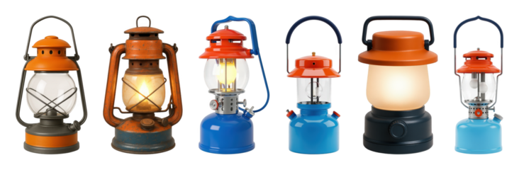 Lanterns set including various vintage, modern, gas, and electric styles isolated. Camping and outdoor light collection.