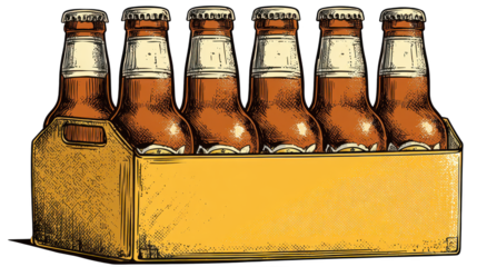 Detailed Retro Illustration of Six Beer Bottles in a Pack Carrier