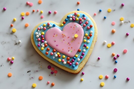 A perfectly shaped sugar cookie with colorful icing and sprinkles arranged on a light background