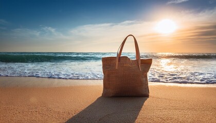 A Stylish Burlap Beach Tote Rests On Warm Sand Evoking Feelings Of Relaxation And Holiday Leisure At The Flipping Waves And Sun