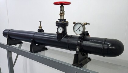 Black horizontal pressure tank with gauges and valves on stand—industrial setup and metallic details evoke control, precision, and symbolic strength in pneumatic systems and mechanical regulation.