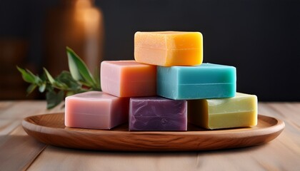 A Stack Of Colorful Bars Of Soap On A Wooden Plate
