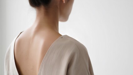 Natural Back Portrait in Flowing Linen Tunic Empowering Image for National No Bra Day