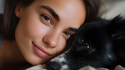 A young woman's serene and affectionate expression as she cuddles her beloved black domestic cat, conveying a sense of comfort, int y, and the special bond between human and animal companions.