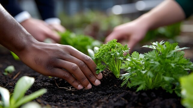 Closeup of a person's hands carefully planting and nurturing fresh, healthy green plants and herbs in rich, dark soil in a garden or farm setting - Powered by Adobe