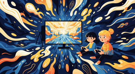 Fototapeta premium Two young girls playing a video game, immersed in a vibrant, abstract world of imagination and color.