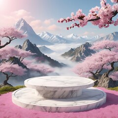 Serene japanese mountain landscape with cherry blossoms and marble pedestal for product display