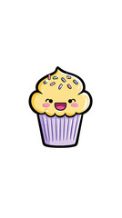 Cute Kawaii Happy Cupcake Sticker Illustration on Black Background
