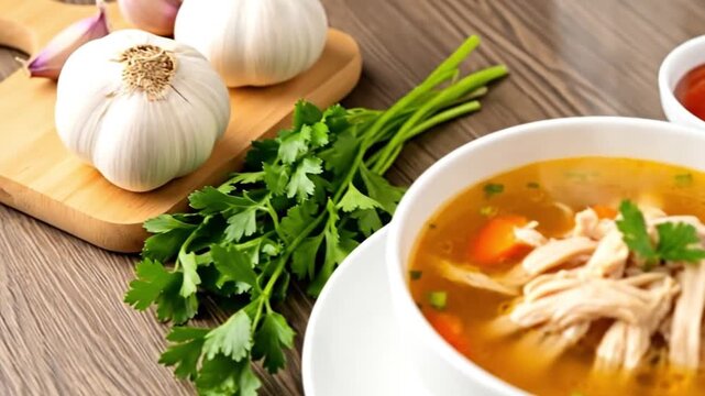 Chicken soup with fresh herbs and garlic served in a white bowl.