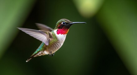 Vibrant Ruby-throated Hummingbird in Mid-Flight Against Verdant Green Background