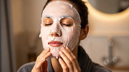 Woman enjoying a facial sheet mask for skincare and relaxation at home. - Powered by Adobe
