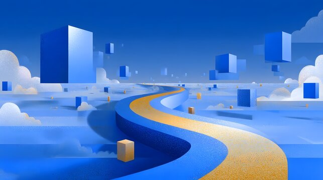 Fototapeta Abstract Blue Digital Landscape with Floating Cubes and Winding Path in Futuristic Style