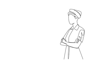 Single continuous line drawing female nurse with nurse cap crossing her arms in front of her stomach. Standby in the emergency unit. On duty. National Nurses Day. One line design vector illustration