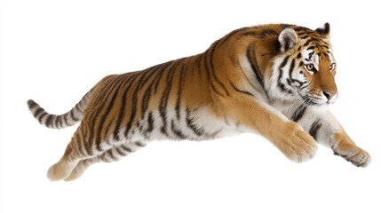 Obraz premium A magnificent tiger leaps gracefully through the air. This vibrant image captures the raw power and elegance of this majestic animal in clear detail. Perfect for wildlife themes. AI