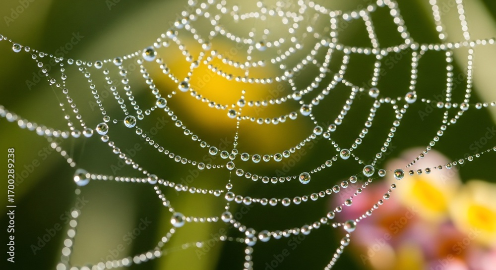 Wall mural Macro View of an Intricate Spiderweb Adorned with Shimmering Dew Drops