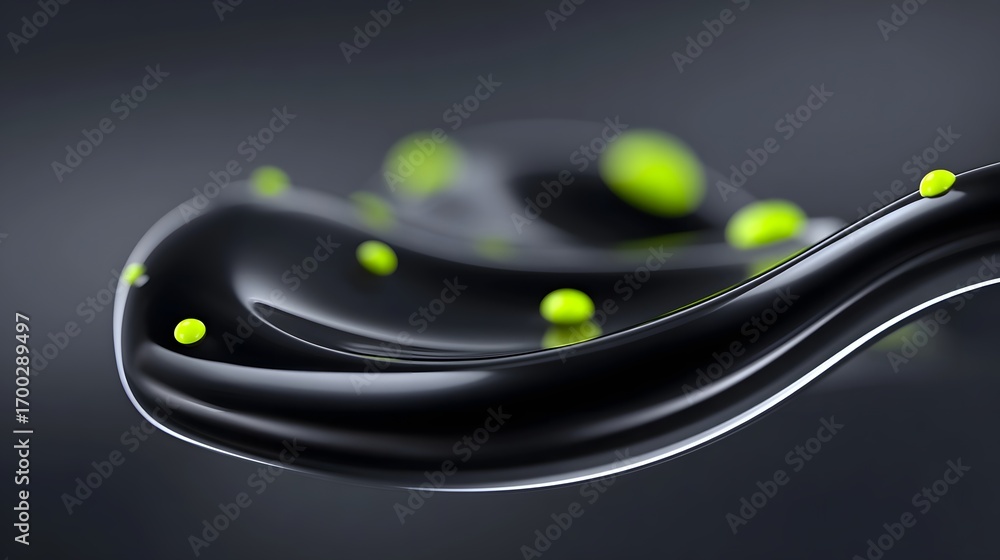 Poster dynamic abstract image depicting a flowing, glossy black liquid surface with vibrant green spheres c