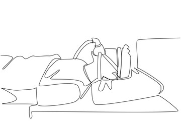 Single one line drawing a man sleeping on a bed using a blanket while wearing a CPAP mask. Helps keep breathing. Healthcare. Sleep Apnea Awareness Day. Continuous line design graphic illustration
