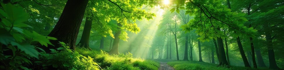 Lush green forest canopy, dappled sunlight filtering through leaves, creating a magical atmosphere  Perfect for nature, ecology, and environmental themes ,  trees,  branches,  spring