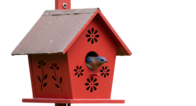 Quirky handmade bird house red birdhouse with a bluebird entering isolated on transparent background - Powered by Adobe
