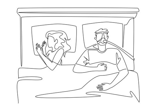 Single continuous line drawing a man sleeping on a bed using a CPAP mask accompanied by his sleeping wife. Caring sincerely. Disturbance. Sleep Apnea Awareness Day. One line design vector illustration