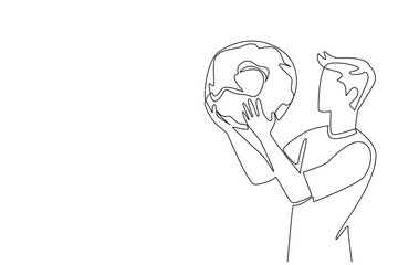 Single continuous line drawing a young man eating a large donut. Content creators who eat large portions live. Always finished, nothing left. National No Diet Day. One line design vector illustration