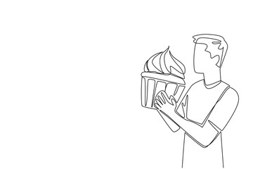 Single continuous line drawing a man eating a large cupcake. Forget about excess sugar content. Mainly a full stomach. Gluten. The overeater. National No Diet Day. One line design vector illustration