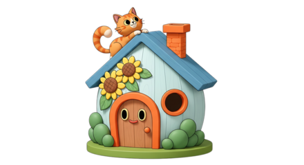 Quirky handmade bird house whimsical cartoon birdhouse with a cat on top and sunflowers isolated on transparent background