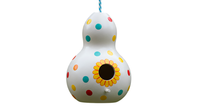 Quirky handmade bird house handpainted gourd birdhouse with colorful polka dots isolated on transparent background