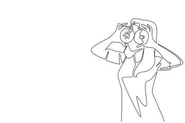 Single continuous line drawing a young  woman holds 2 donuts with both hands like looking through telescopes. Want to add other sweet foods. National No Diet Day. One line design vector illustration