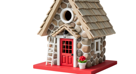 Quirky handmade bird house stone birdhouse with red door and ladder isolated on transparent background