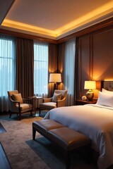 Luxurious hotel room with ambient lighting highlighting elegant furniture and decor Soft glow creates a relaxing atmosphere perfect for a tranquil getaway , contemporary, suite
