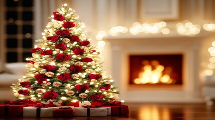 Ornate Christmas Tree with Red and White Flowers, Fireplace Background