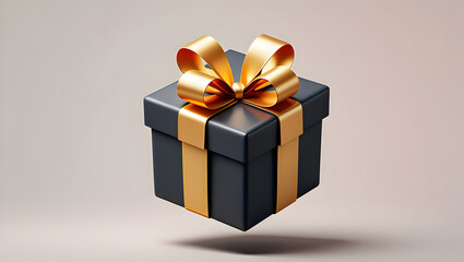 Elegant black gift box with golden ribbon floating present surprise celebration event occasion festive.