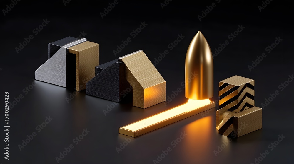 Poster arrangement of abstract, three-dimensional metallic shapes in a minimalist studio composition with d