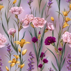 Pastel Pink Purple Yellow Flowers Seamless Pattern