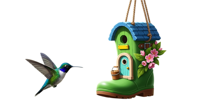 Quirky handmade bird house hummingbird flying towards a green boot birdhouse isolated on transparent background