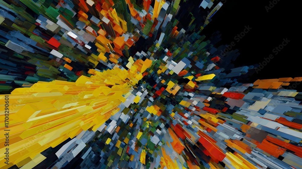 Poster dazzling digital abstract with a dynamic explosion of colorful geometric shapes, patterns, and burst