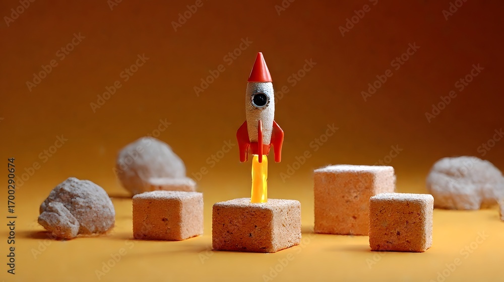 Poster a colorful toy rocket poised to launch from a minimalist arrangement of wooden cubes, symbolizing th
