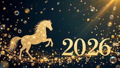 stylish invitation design: golden horse and 2026 text with champagne bubbles