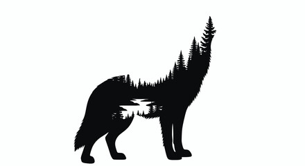 Fototapeta premium Wolf howling with forest landscape inside silhouette isolated on white background