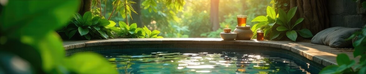 Relaxing outdoor bath surrounded by lush greenery, sunlight dappling through leaves Perfect for spa, wellness, nature, tranquility themes , luxury, calm, trees
